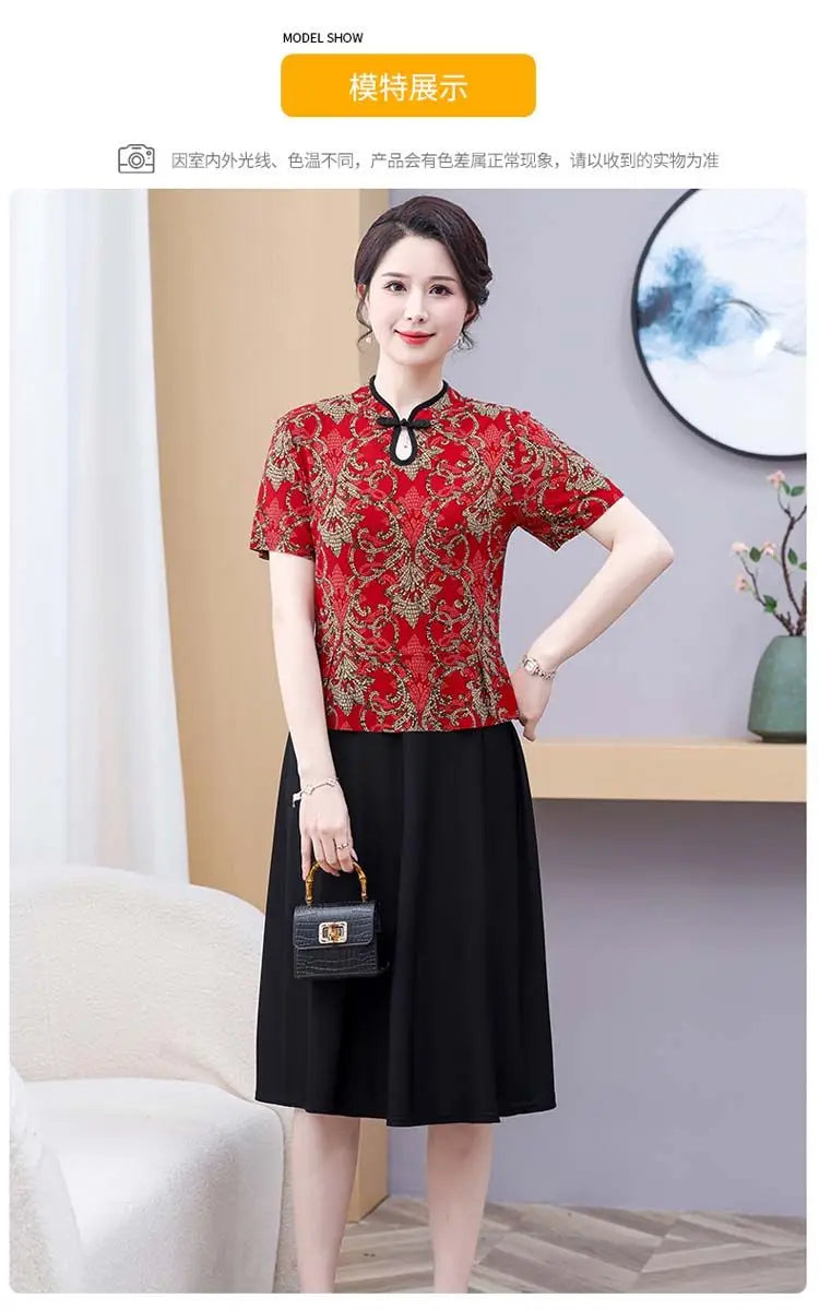 Mom's Summer New Style Cheongsam Elegant and Slimming Middle-aged Women's Wear Fake Two-piece Dress