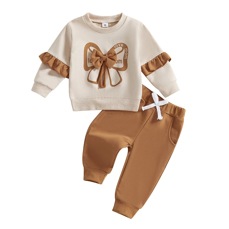 Baby Girls 2-Piece Outfit Long Sleeve Crew Neck Bow Sweatshirt with Elastic Waist Sweatpants Cotton Polyester Blend for Fall 0-3T