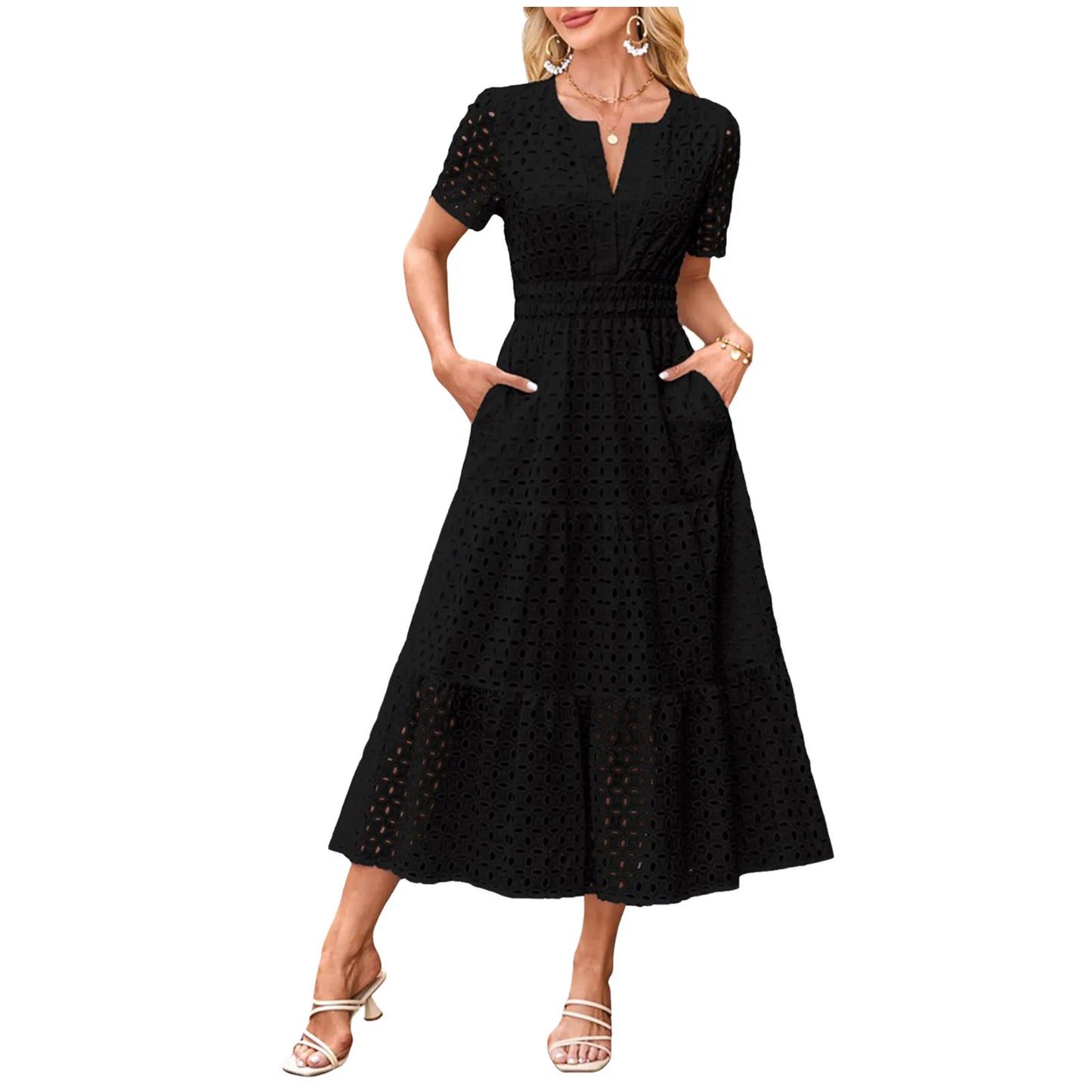Women'S Summer Short Sleeved Long Dress Trendy V-Neck Hollow Eyelets Ruffle Hem A-Line Dress Pockets Female Temperament Dresses
