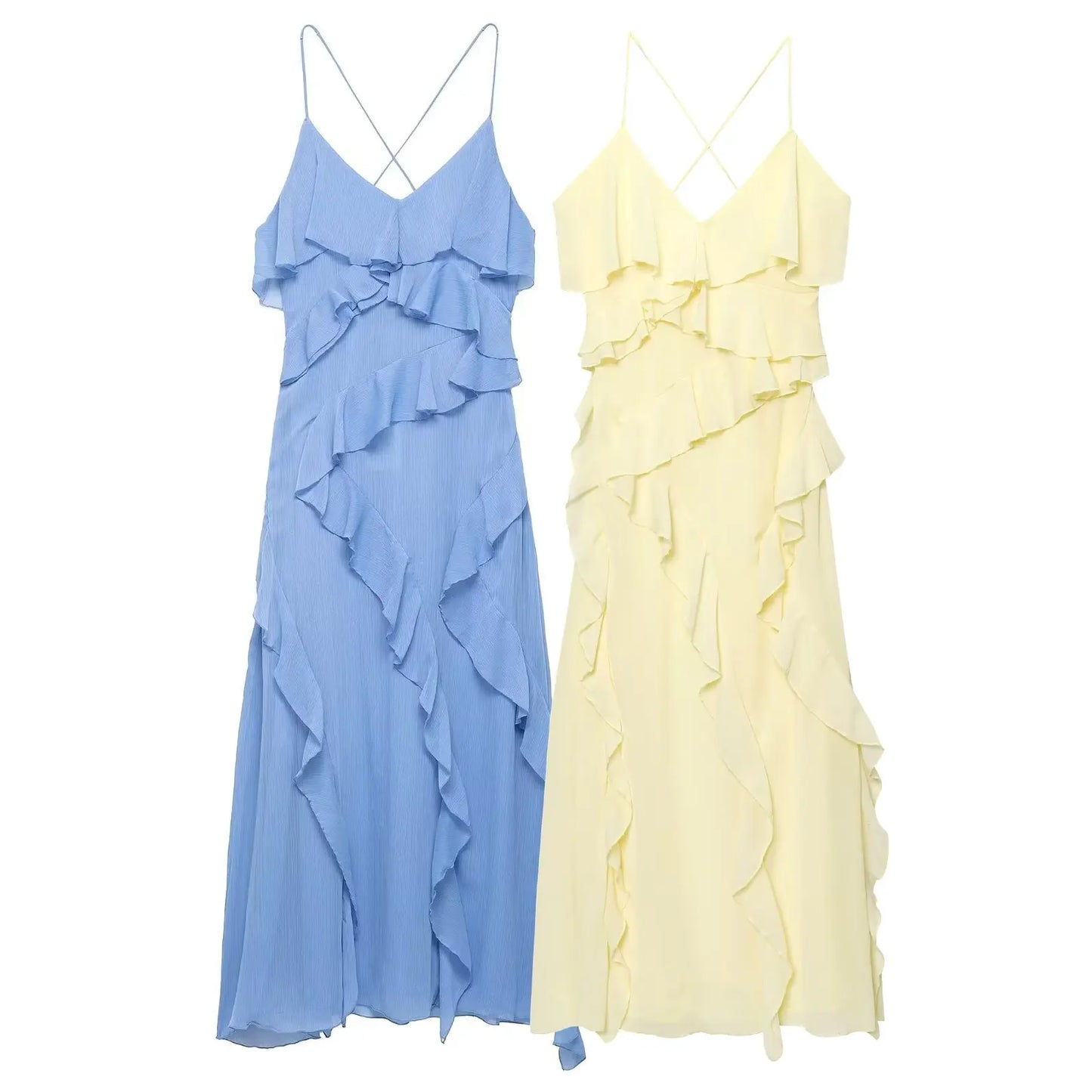 TRAFZA Woman Elegant Chic Zipper Beach Party Dress Summer Women Sexy V-Neck Sleeveless Backless Wrinkles Decorate Midi Dress