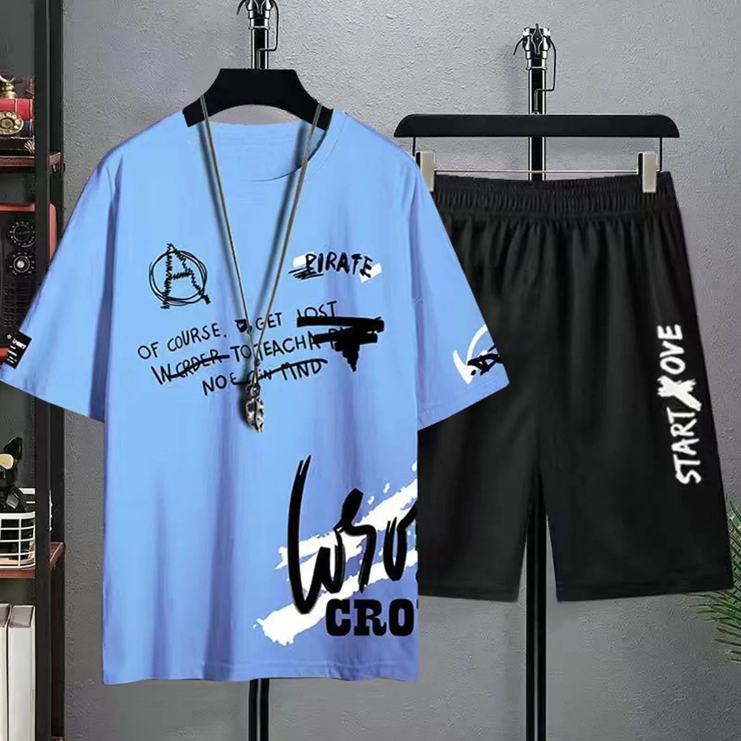 Casual Sportswear Mens Summer Two-Pieces Outfit Short Sleeve Round Neck Top And Shorts Two Piece Set Stylish Outfits Ropa Hombre