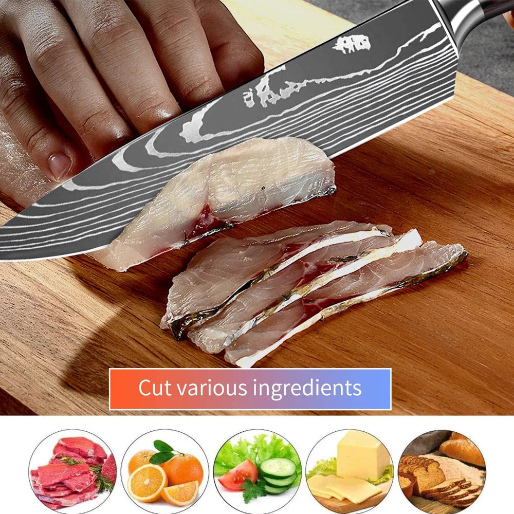 High quality 440C German Steel Kitchen Knife Damascus Laser Pattern Chef Knife Cleaver Filleting Santoku Knife Best Kitchen Tool
