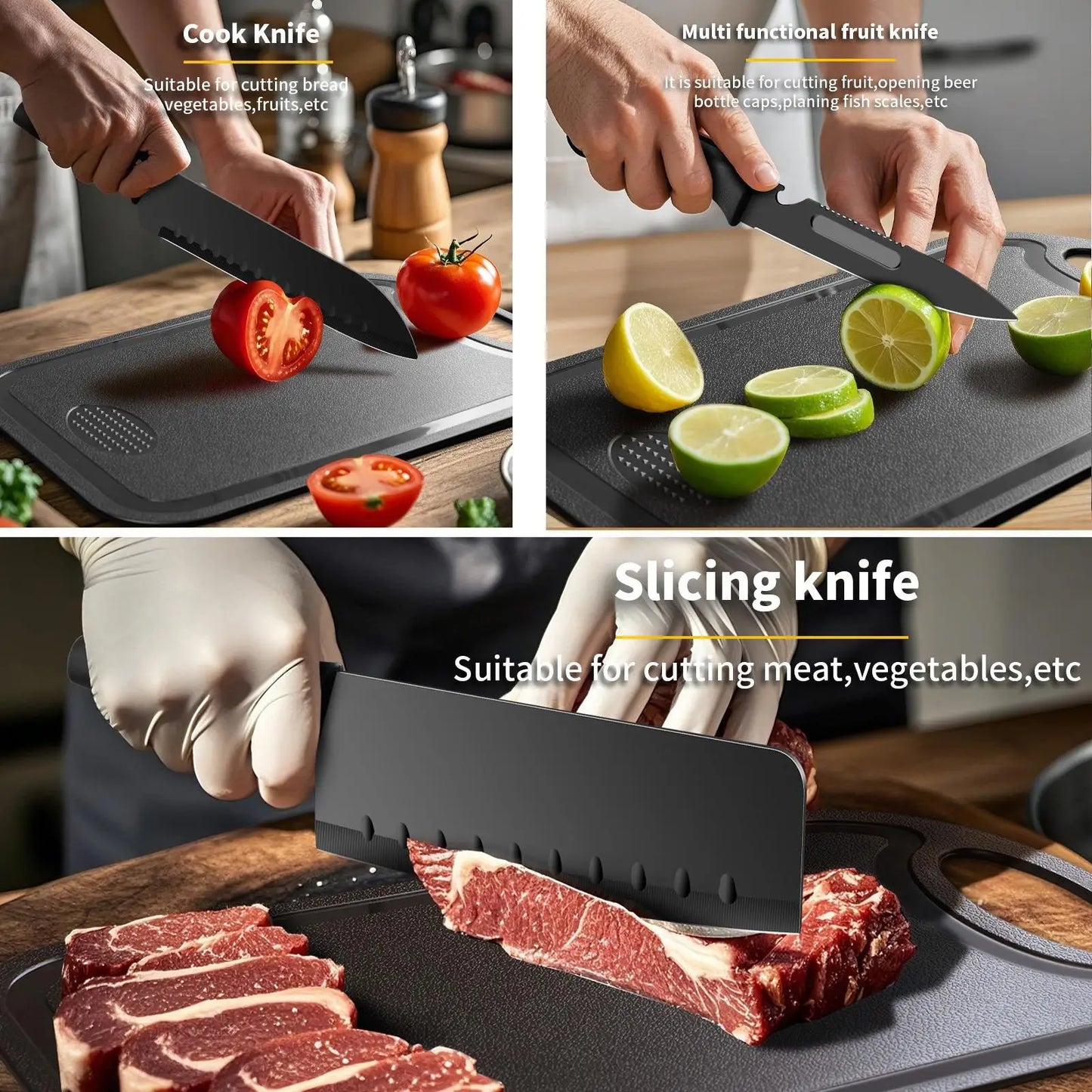 5/7-Piece Black Kitchen Knife Set - Professional Chef Knife, Fruit Knife, Meat Cleaver, Cutting Board, Heart-Shaped Egg Mold