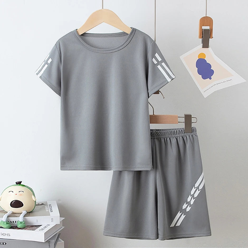 2 Pieces Children's Summer Solid Color Quick Drying Breathable Set Boys' Sports Running Is A Comfortable Top Girls' Loose Shorts