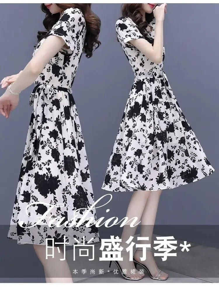 Breathable Chiffon Floral Print Dress V Neck Slim Fit With Ruffles