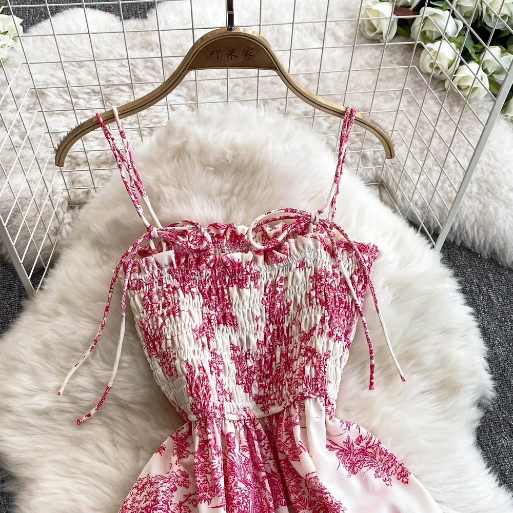 2025 New Summer Pink/Purple Flower Print Romantic Retro Party Dress Elastic High Waist Vacation Long Dress Beach Vestido
