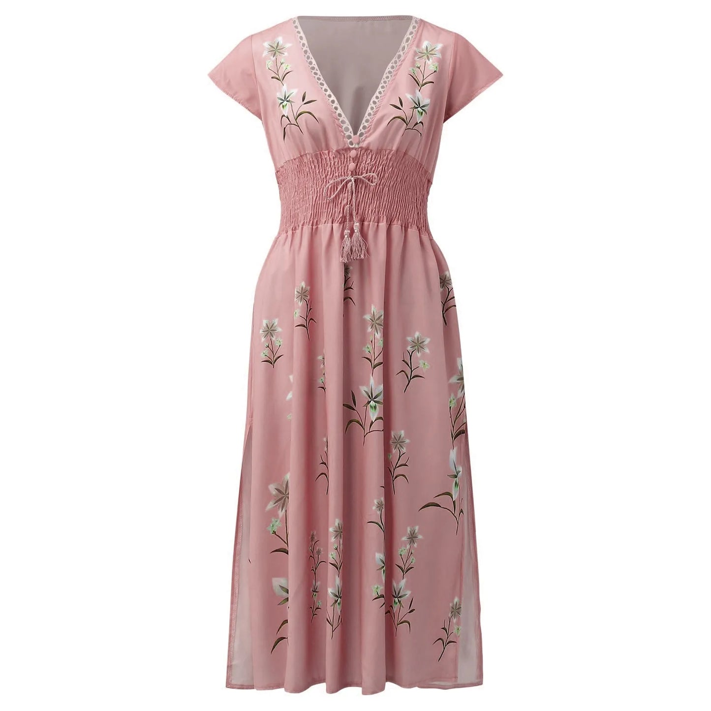 Beach Boho Dress Women Ruffled V-Neck Floral Vintage High Waist A-Line Long Dress Sleeveless Lace Up Jacquard Maxi Sundress
