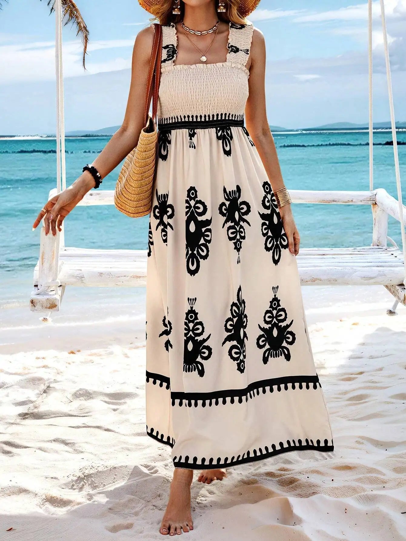 VEITCHE Summer Vacation Style Women Dress Fashionable Printed Sexy Sleeveless Strap Casual Comfortable Beach Long Sundress