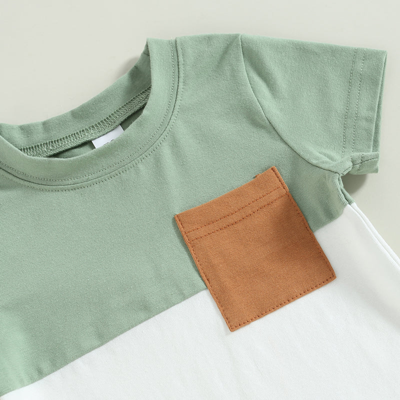2023-02-01 Lioraitiin 0-3Years Toddler Boys 2Pcs Summer Outfit Sets Short Sleeve Contrast Color Tops Solid Drawstring Shorts
