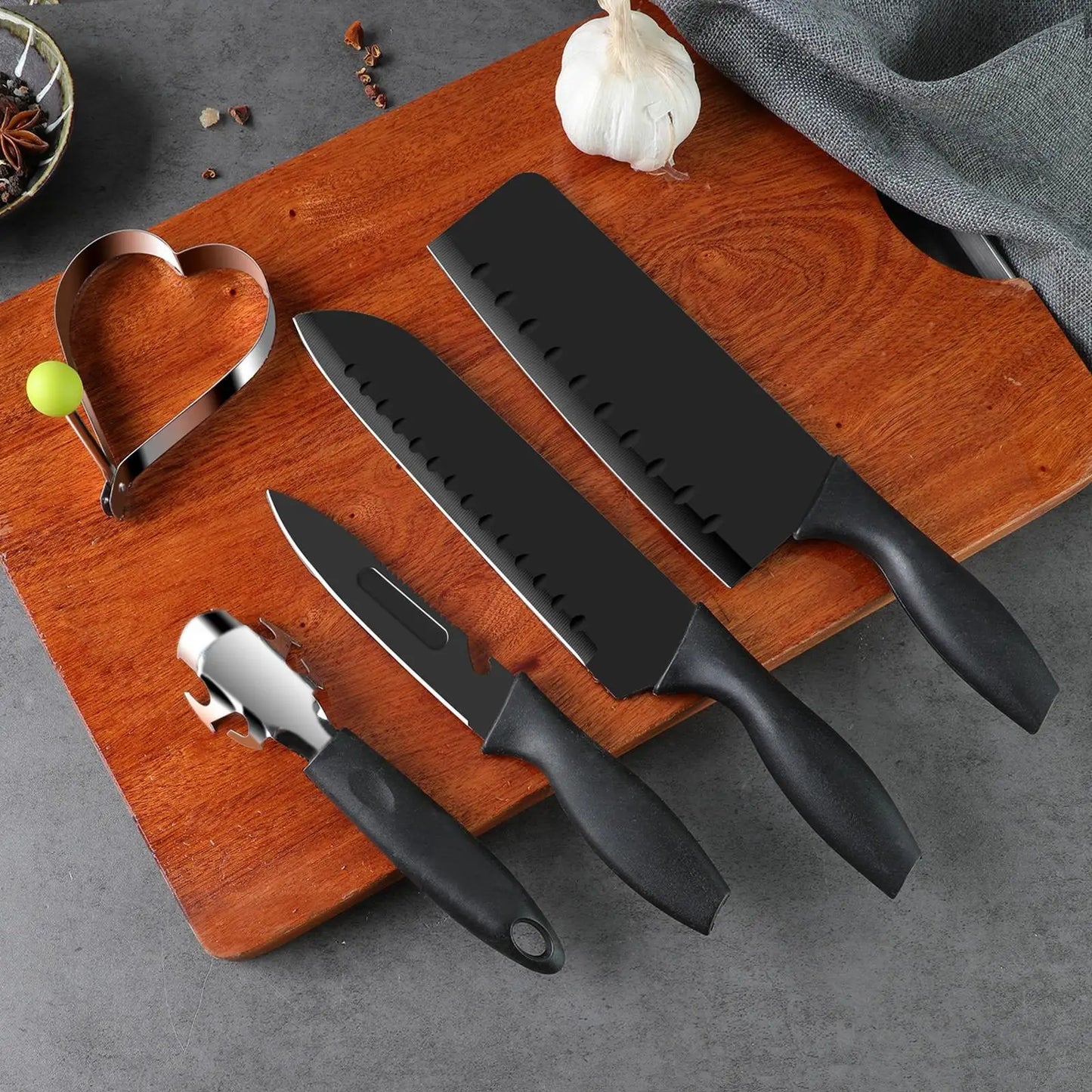5/7-Piece Black Kitchen Knife Set - Professional Chef Knife, Fruit Knife, Meat Cleaver, Cutting Board, Heart-Shaped Egg Mold