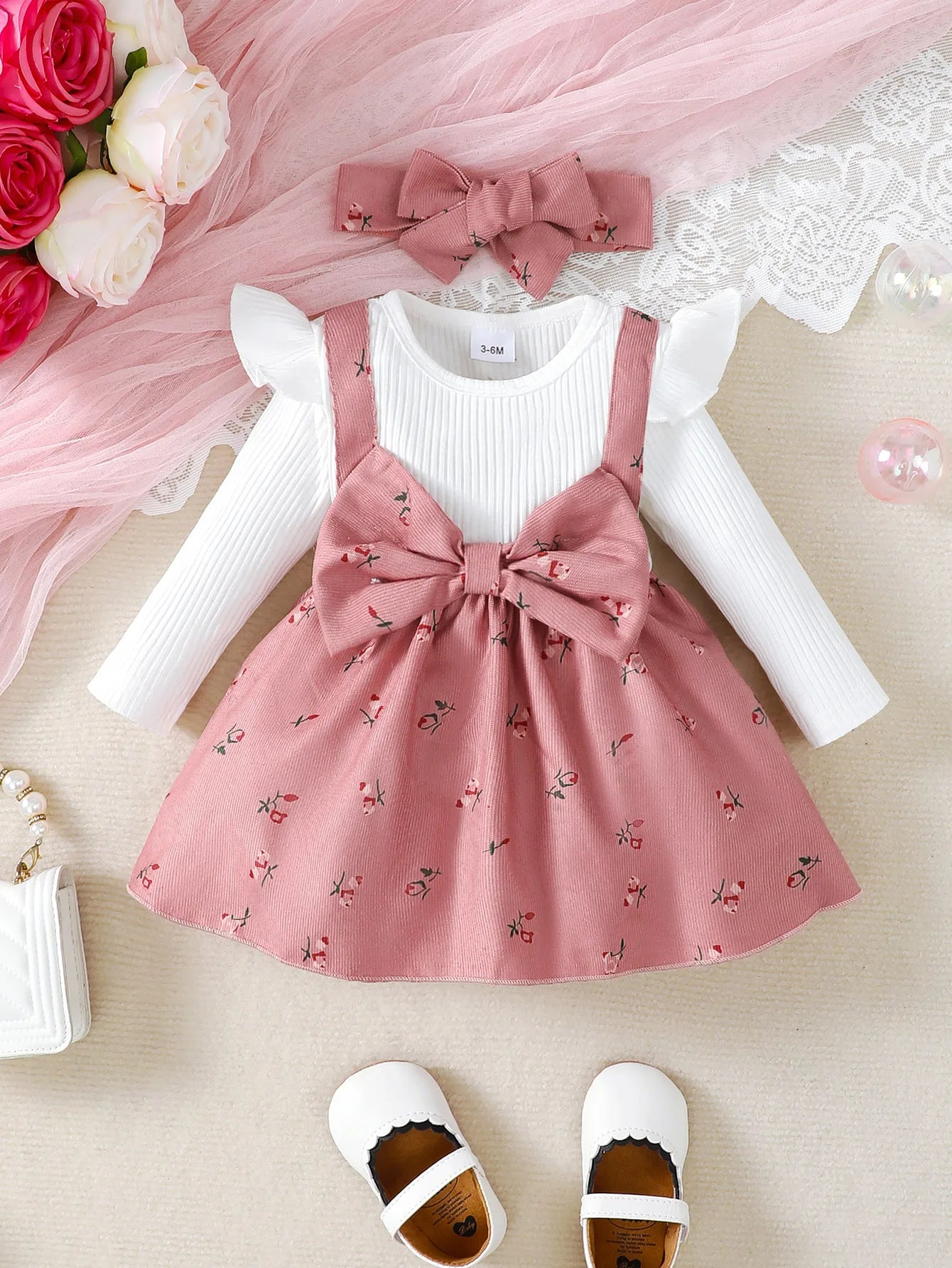 Children's Baby Girl Dress Set 2pc Color Blocking Floral Print with Big Bow Princess Knee-Length Dress And Matching Headband for 0-24 Months.
