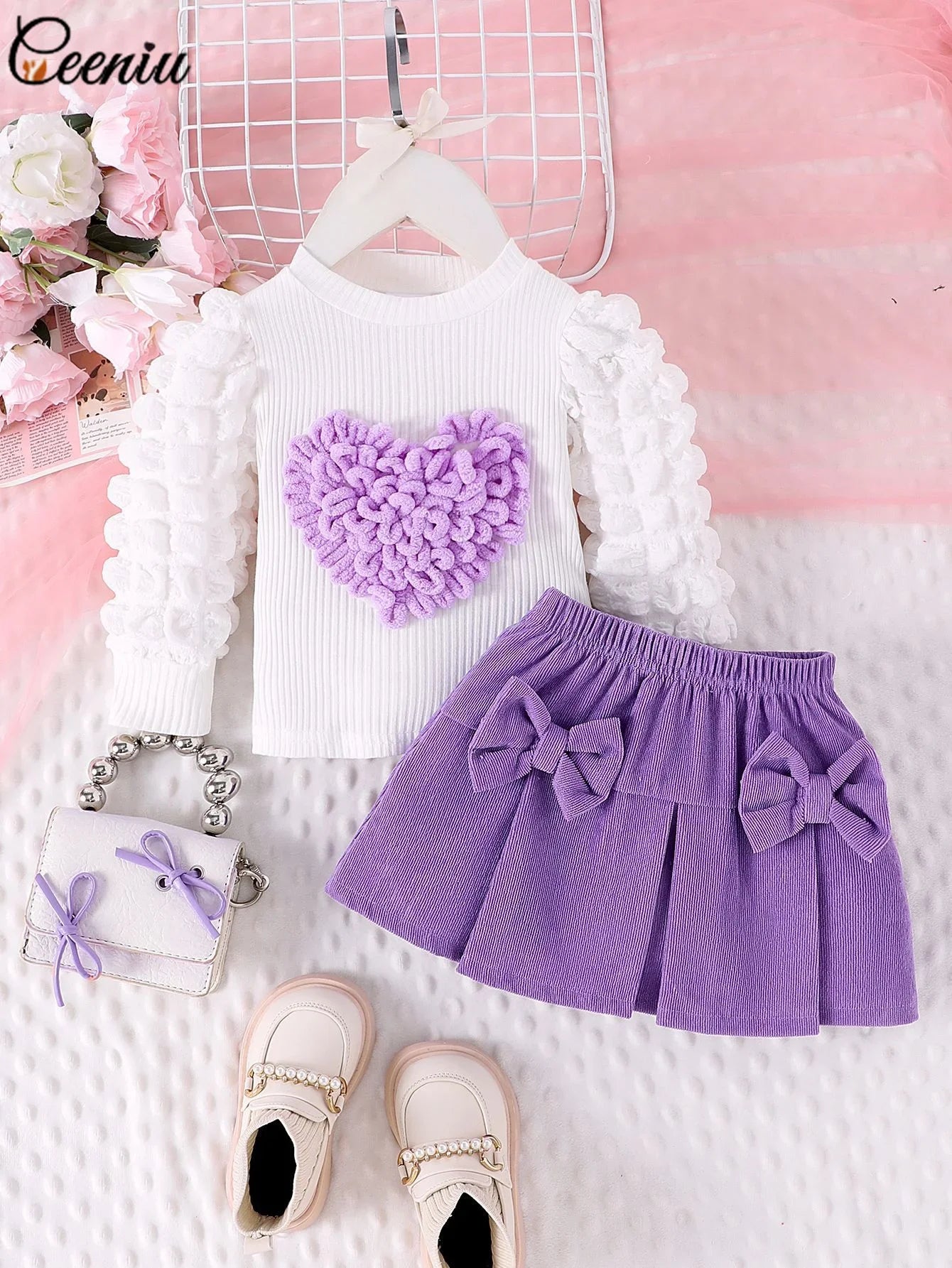 Baby Girl Outfit 0-3Y Pink Heart & Rose 3pcs Set High Neck Top Bow Skirt Hat Toddler Clothing Ensemble for Girls