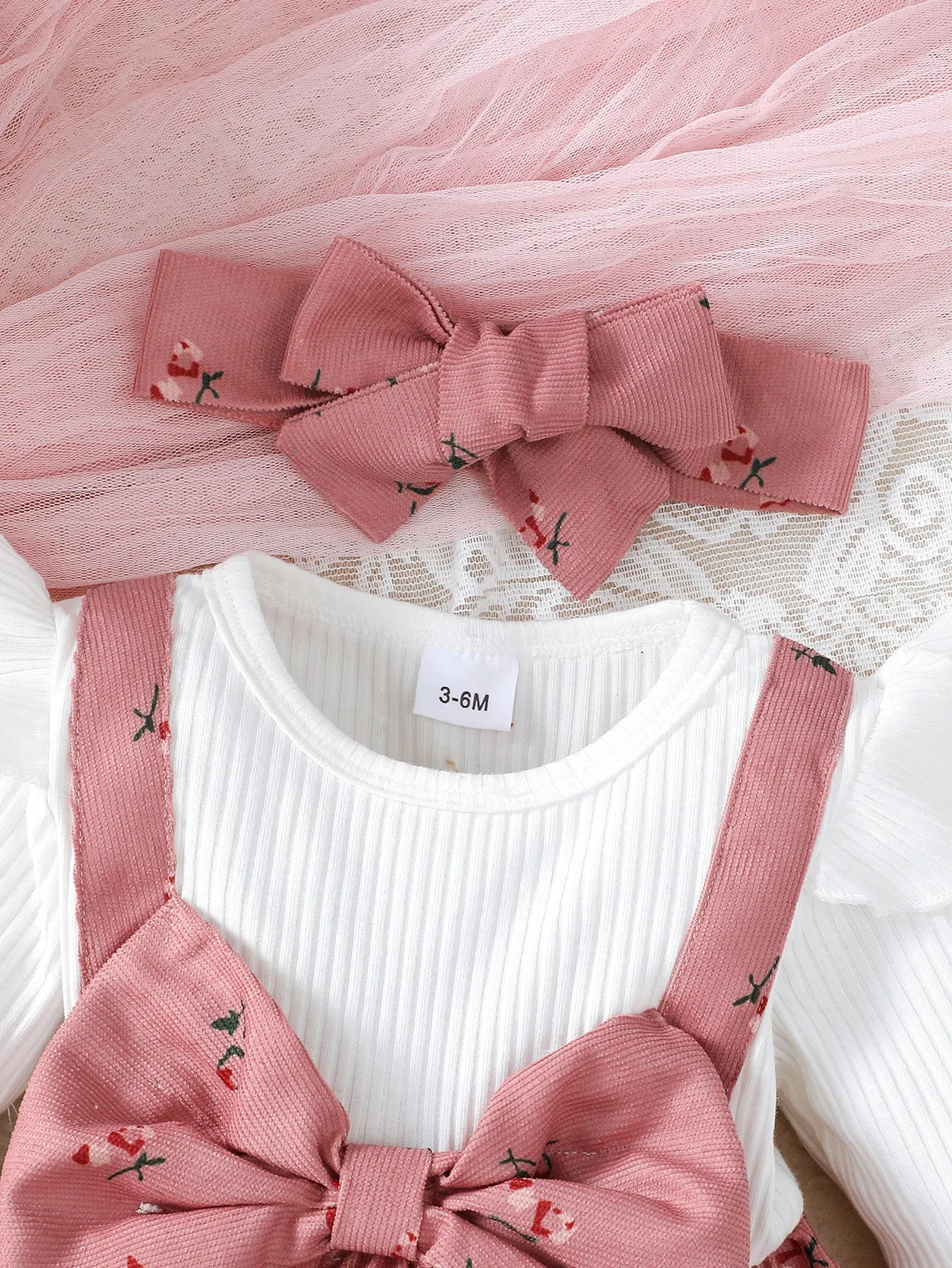 Children's Baby Girl Dress Set 2pc Color Blocking Floral Print with Big Bow Princess Knee-Length Dress And Matching Headband for 0-24 Months.