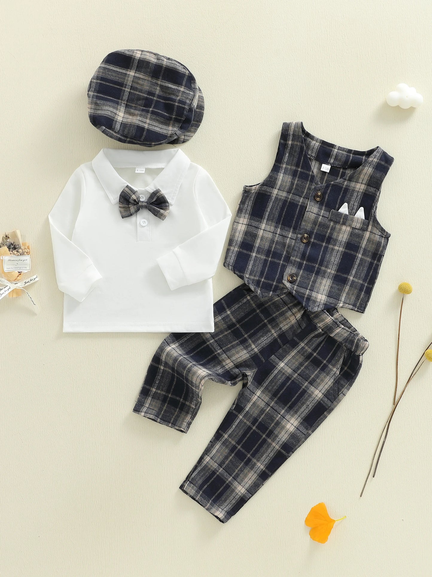 4Pcs Baby Boy Formal Wear Set with Long Sleeve Lapel Neck Shirt Plaid Button Down Vest Pants and Hat - Gentleman Outfit with