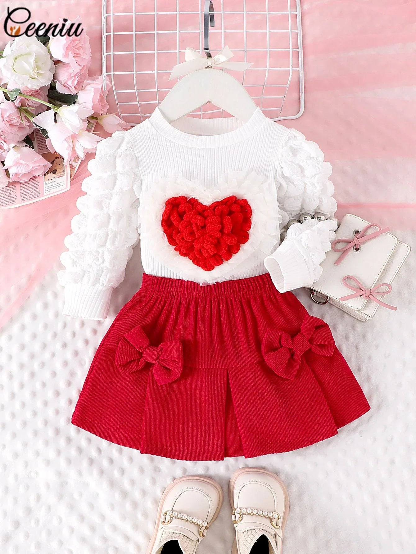 Baby Girl Outfit 0-3Y Pink Heart & Rose 3pcs Set High Neck Top Bow Skirt Hat Toddler Clothing Ensemble for Girls