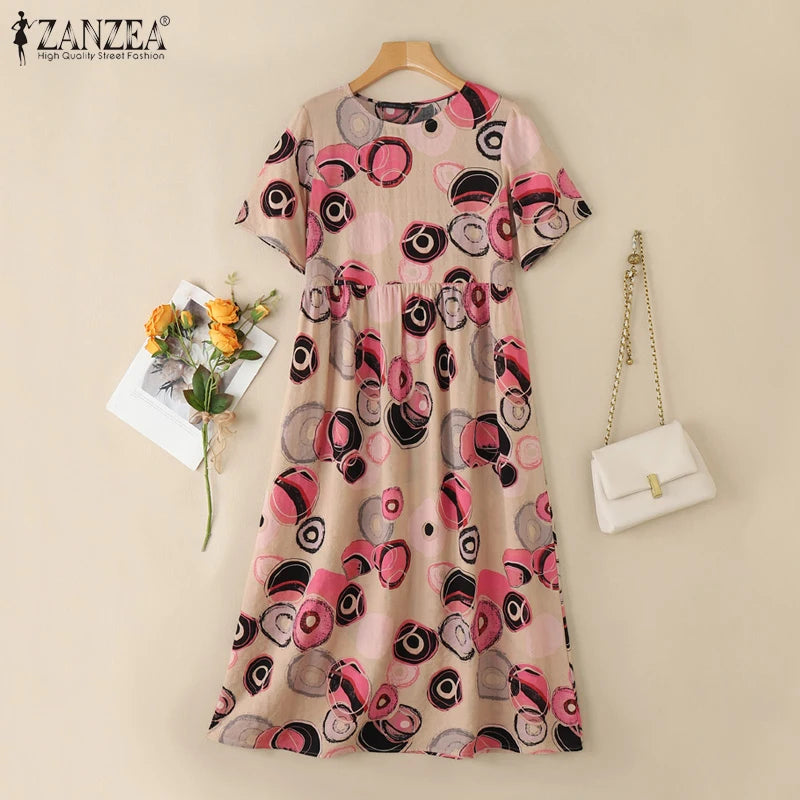 ZANZEA Short Sleeve Printing Maxi Dresses Casual Vacation Woman Bohemian A-line Robes Femme 2025 Summer Loose O-Neck Long Dress
