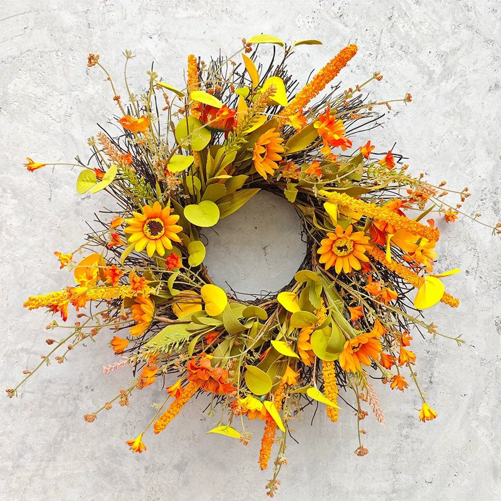 17.7" Fall Wreath for Front Door Orange Farmhouse Harvest Sunflower Wreath with Daisy Flowers Thanksgiving Wreath for Front Door