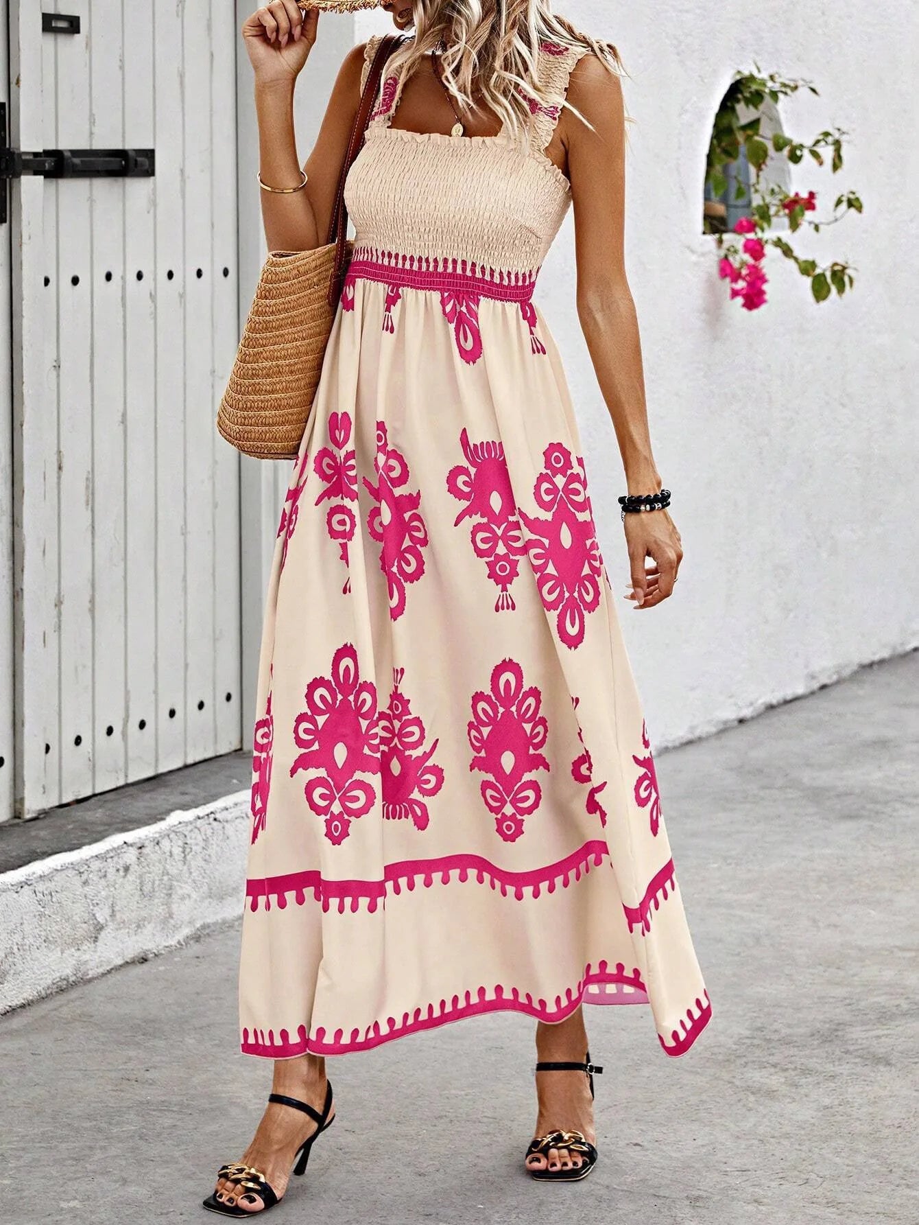 VEITCHE Summer Vacation Style Women Dress Fashionable Printed Sexy Sleeveless Strap Casual Comfortable Beach Long Sundress
