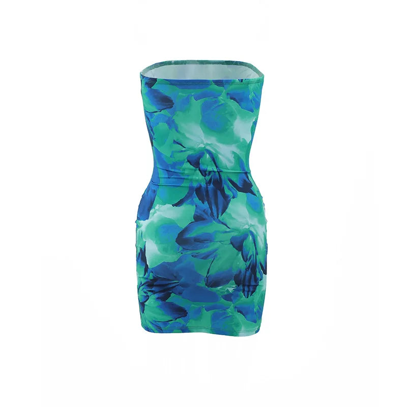 Sexy strapless floral print backless slim fit dress for women in summer 2025 comfortable and elegant beach vacation short skirt