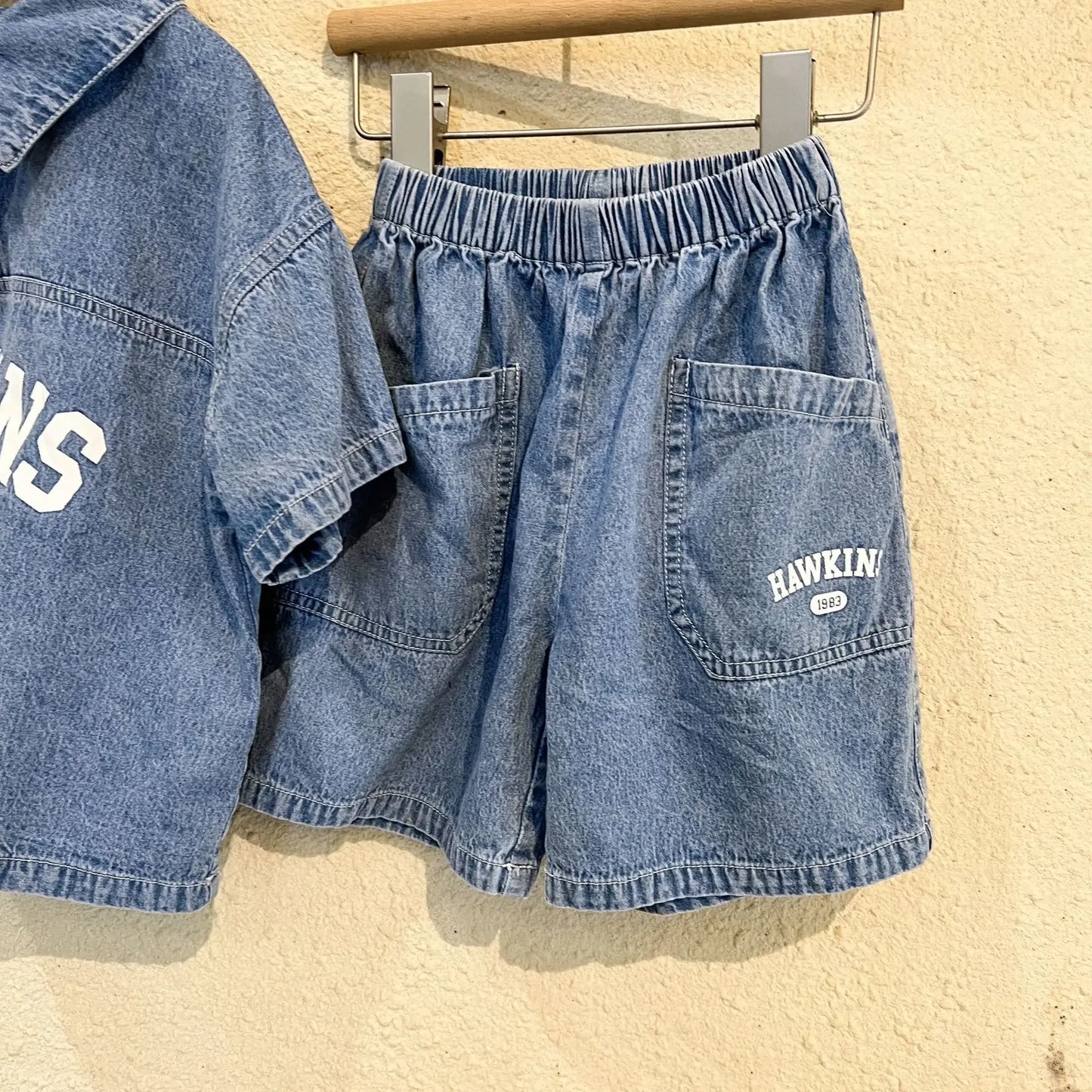 5816C Children's Clothing Set Denim Suit Summer Casual Boy's Denim Suit Letter Print Top+ Shorts Casual Two-piece Suit