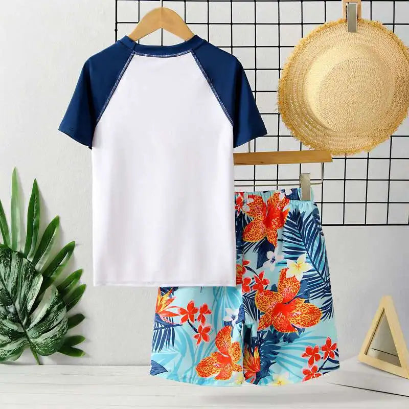 Children Sports Suits Summer Short Sleeve Beach Clothing Set Boy Printing Breathable Kids Short Sleeve Top +Beach Pants