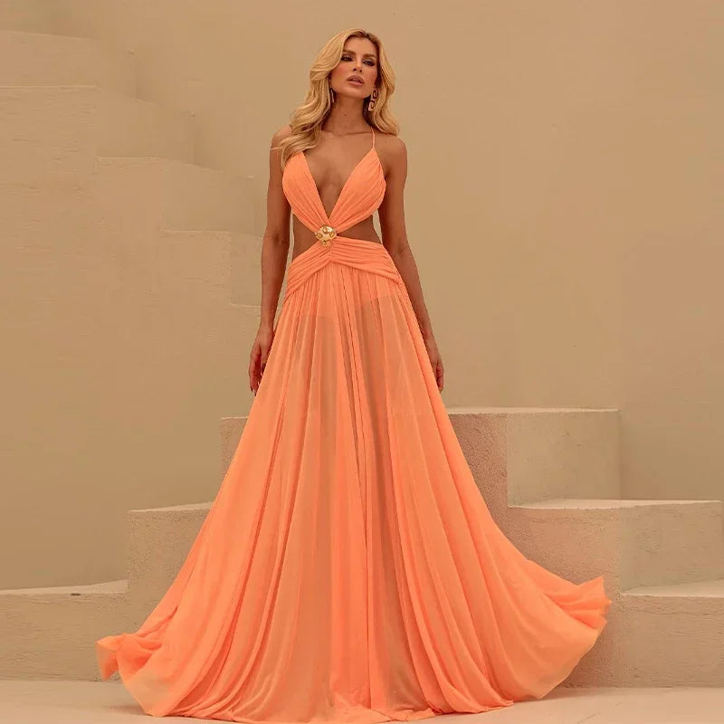 Sexy Hollow Out Bikini Long Dress Mesh Backless Lace Up Sleeveless Female Dresses 2025 Summer Lady A-line Pleat Robe Beach