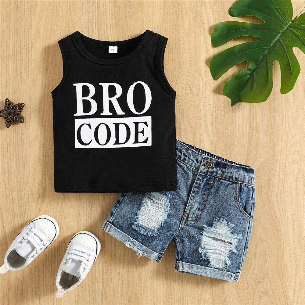 Infant Baby Toddler Boys Summer Outfit Set Round Neck Sleeveless Letter Print Tank Tops with Ripped Denim Shorts 3M-3T