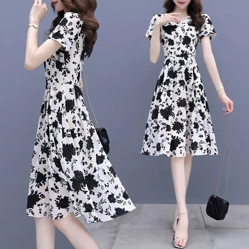 Breathable Chiffon Floral Print Dress V Neck Slim Fit With Ruffles