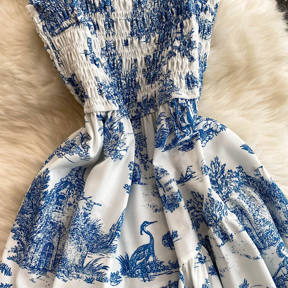 2025 New Summer Pink/Purple Flower Print Romantic Retro Party Dress Elastic High Waist Vacation Long Dress Beach Vestido