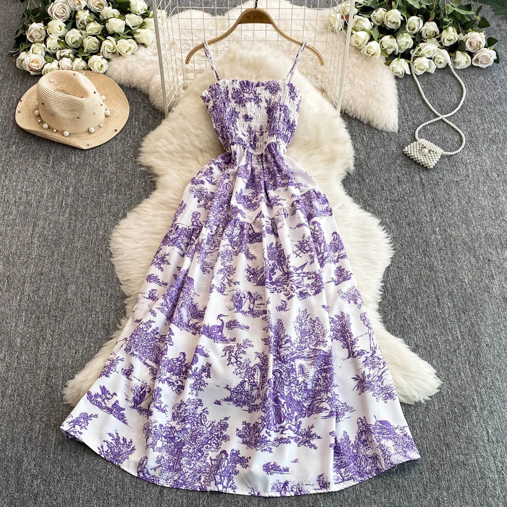 2025 New Summer Pink/Purple Flower Print Romantic Retro Party Dress Elastic High Waist Vacation Long Dress Beach Vestido