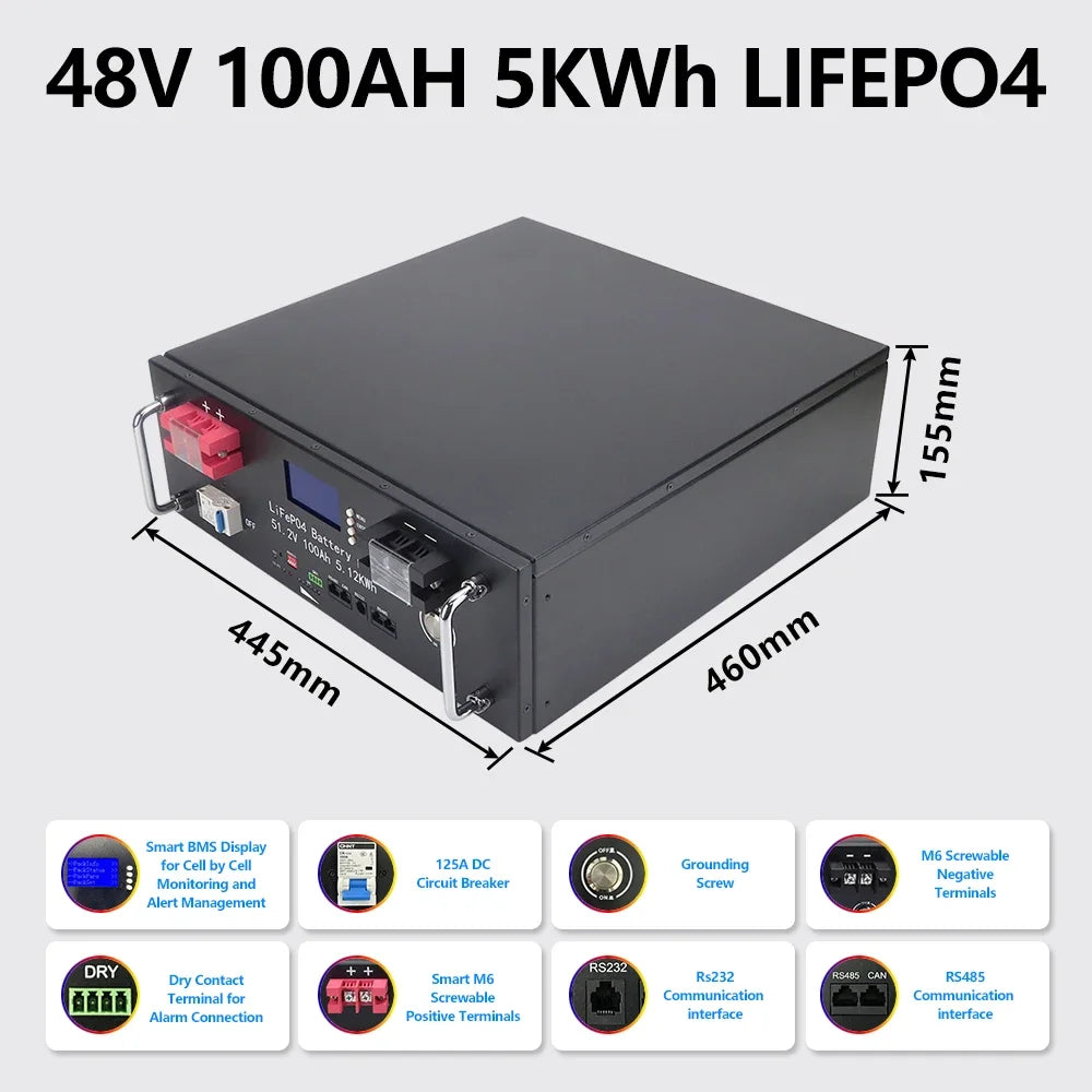 48V 100AH LiFePO4 Battery Pack Built-in BMS Lithium Iron Phosphate Cells For Replacing Most of Backup Power Home Energy Storage