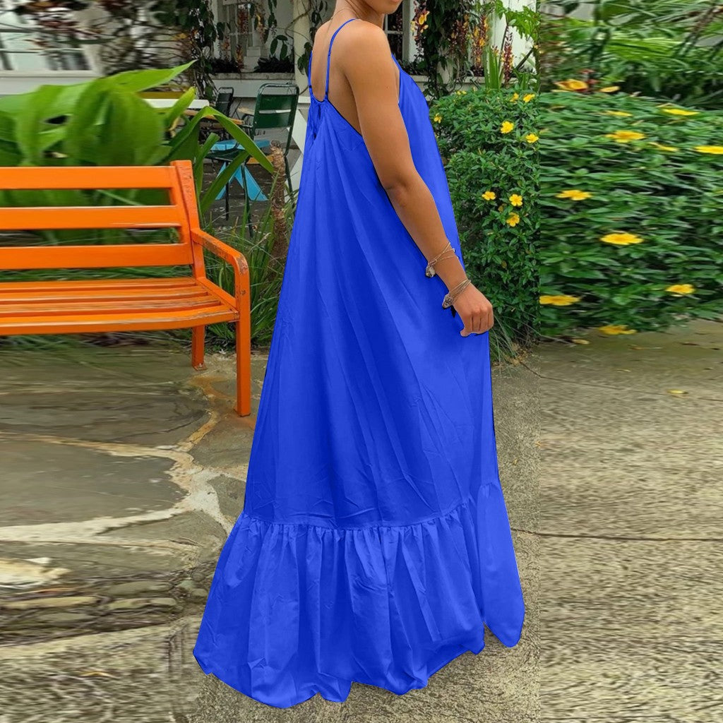 Spring Dress For Women Sexy Solid Strap Dress Pocket Loose Backless Big Swing Dresses Holiday Dresses For Women Wedding Guest