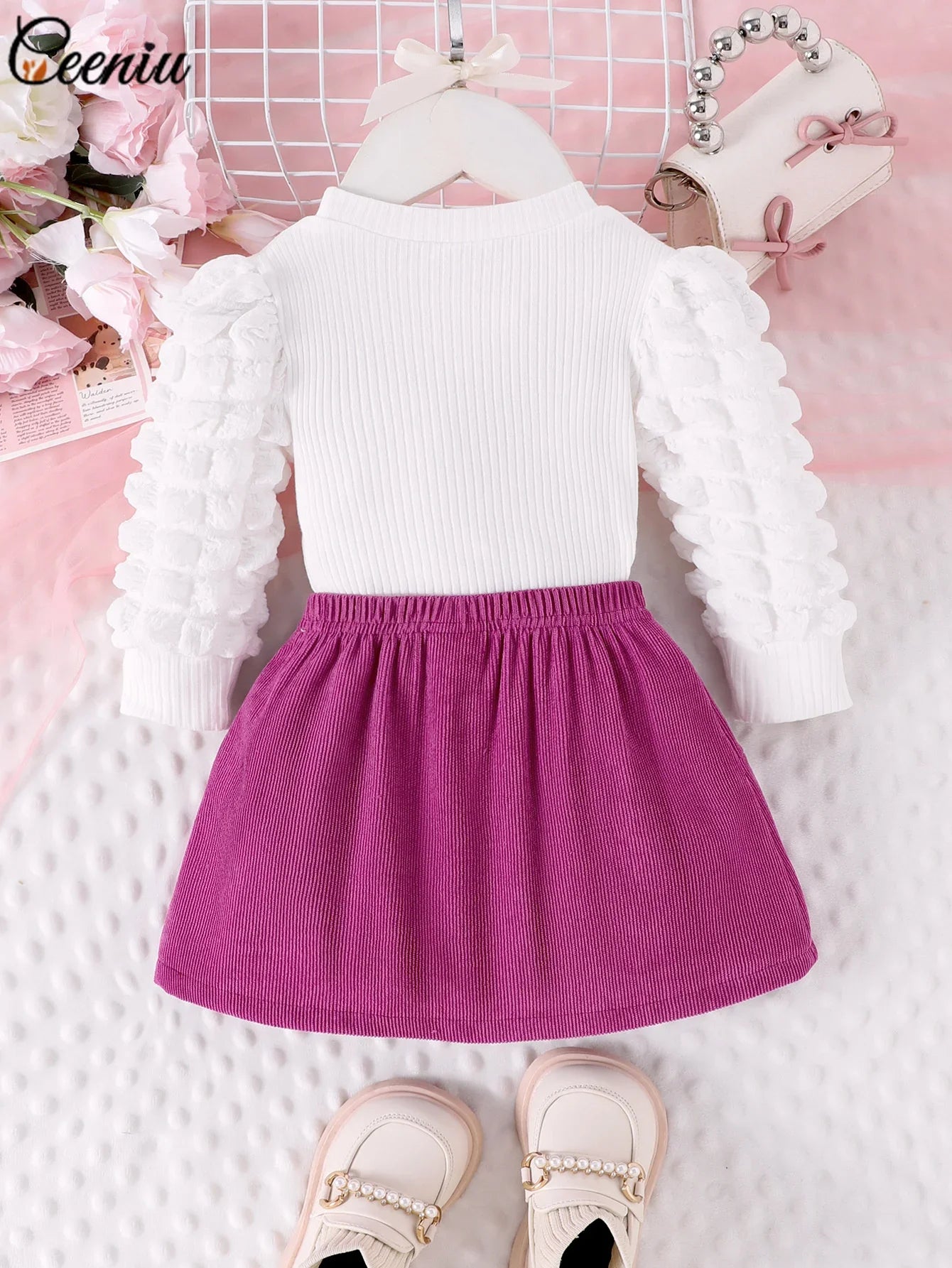 Baby Girl Outfit 0-3Y Pink Heart & Rose 3pcs Set High Neck Top Bow Skirt Hat Toddler Clothing Ensemble for Girls