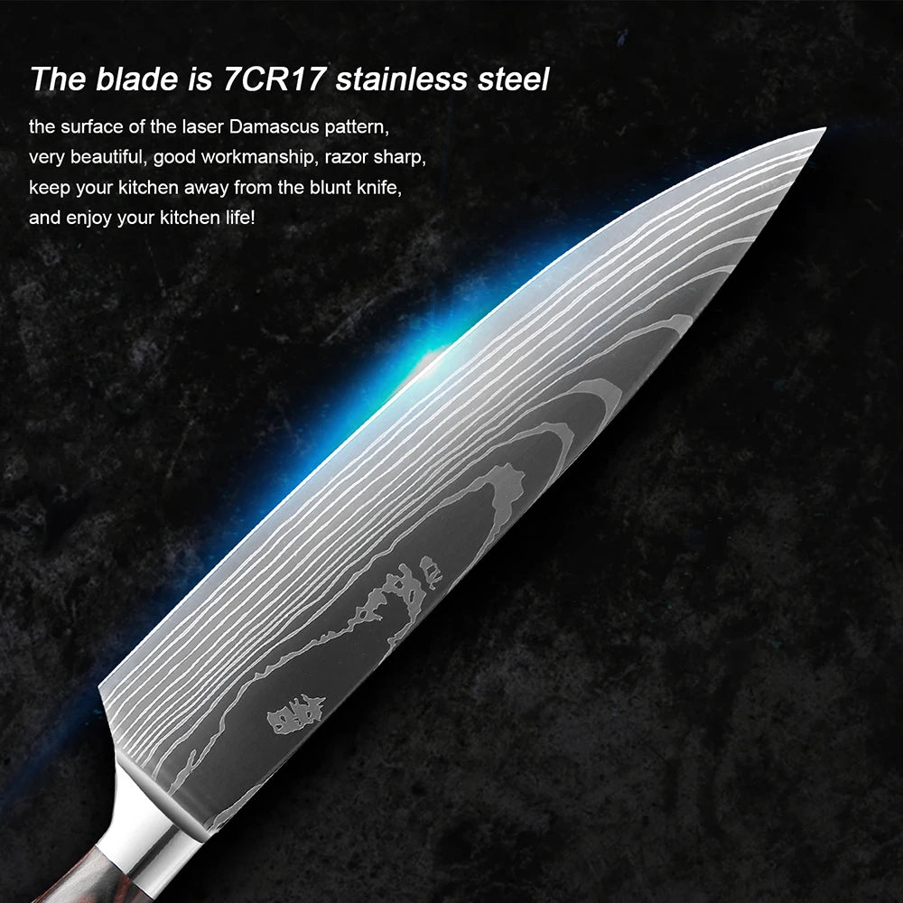 High quality 440C German Steel Kitchen Knife Damascus Laser Pattern Chef Knife Cleaver Filleting Santoku Knife Best Kitchen Tool