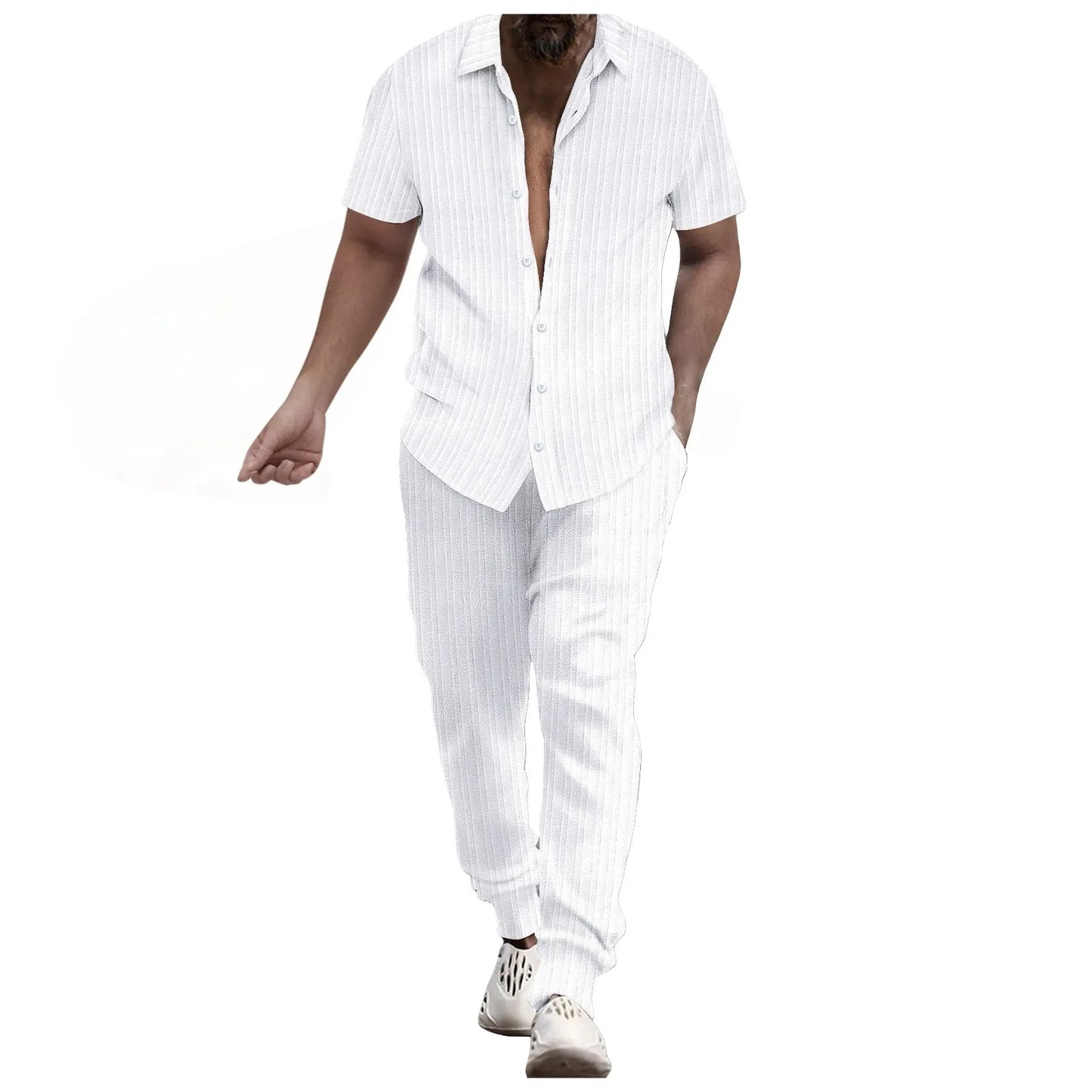 Mens Shirt Casual Short Sleeve Cardigan Blouse Top Pants Beach Suit Summer Two Piece Set Fashion Clothing For Man Ropa Hombre