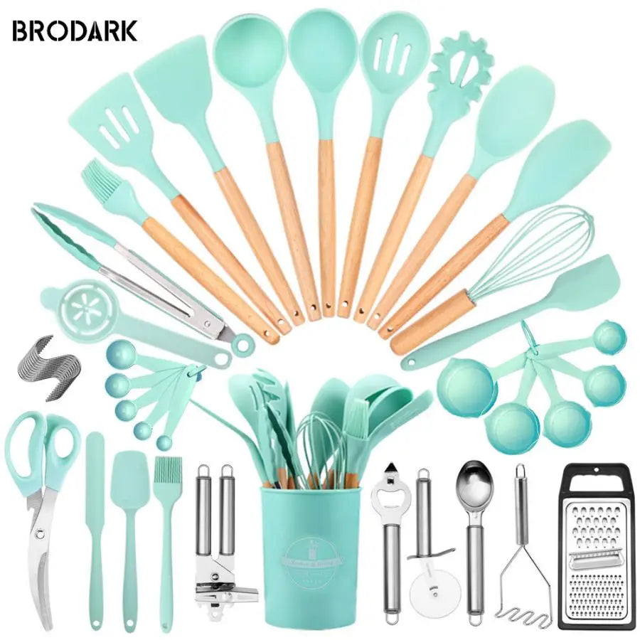 44pcs Premium Silicone Kitchen Utensil Set With Wooden Handles And Knife - Heat-Resistant, Non-Stick Friendly Cooking To