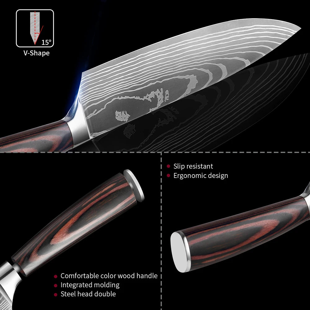 High quality 440C German Steel Kitchen Knife Damascus Laser Pattern Chef Knife Cleaver Filleting Santoku Knife Best Kitchen Tool