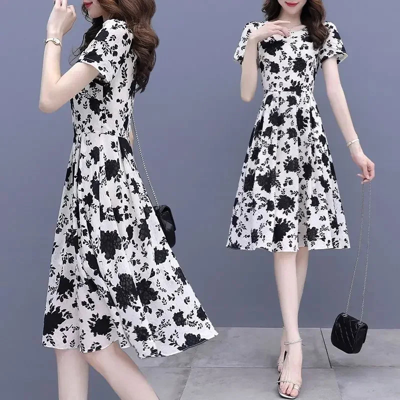 Breathable Chiffon Floral Print Dress V Neck Slim Fit With Ruffles