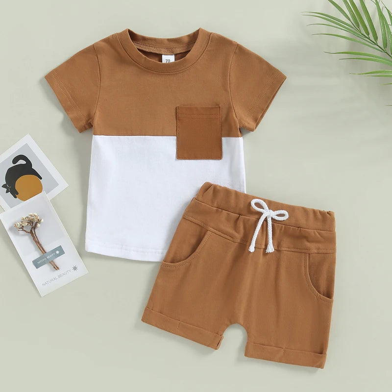 2023-02-01 Lioraitiin 0-3Years Toddler Boys 2Pcs Summer Outfit Sets Short Sleeve Contrast Color Tops Solid Drawstring Shorts