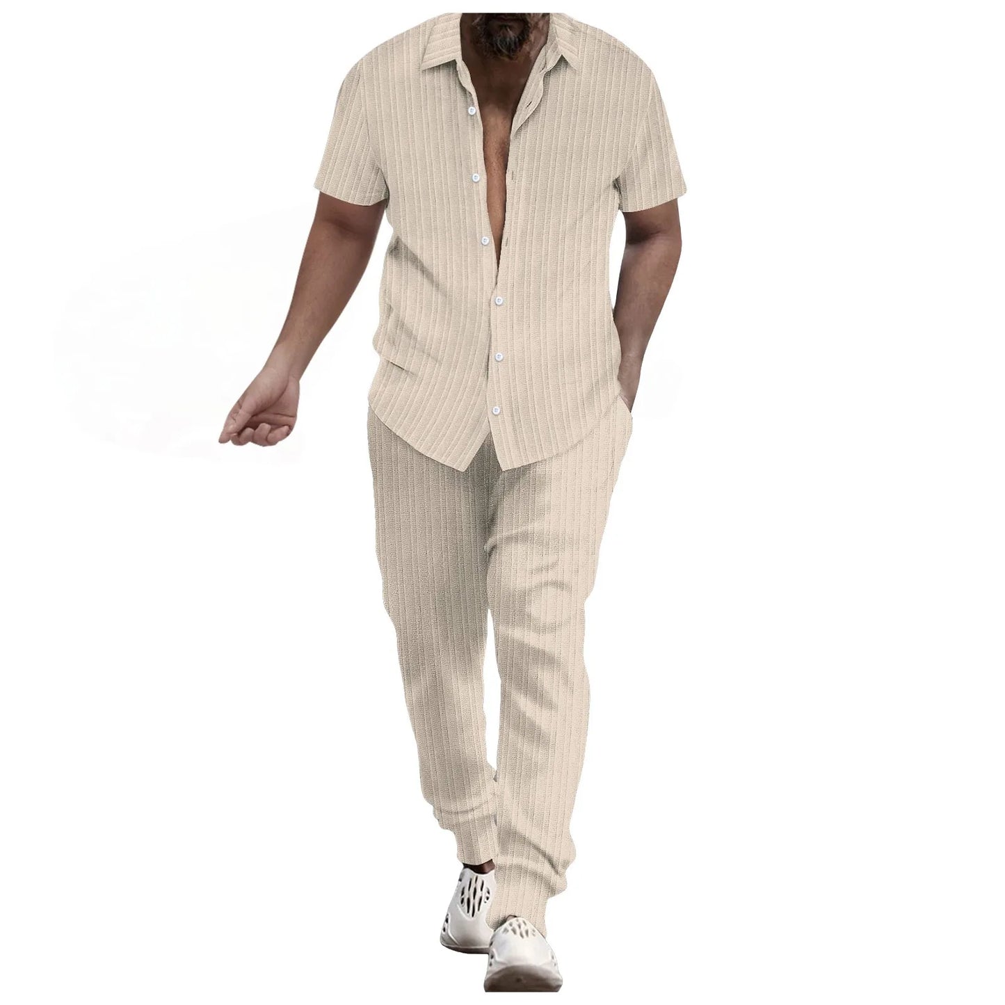 Mens Shirt Casual Short Sleeve Cardigan Blouse Top Pants Beach Suit Summer Two Piece Set Fashion Clothing For Man Ropa Hombre
