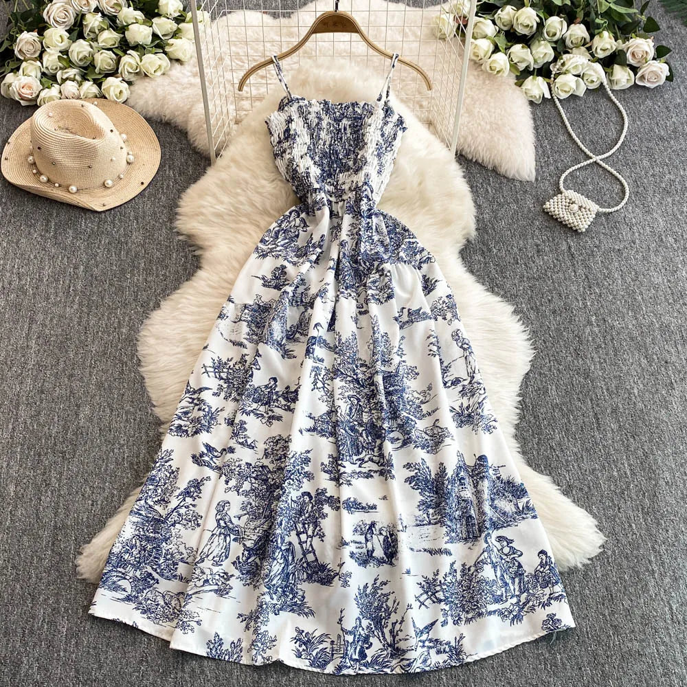 2025 New Summer Pink/Purple Flower Print Romantic Retro Party Dress Elastic High Waist Vacation Long Dress Beach Vestido
