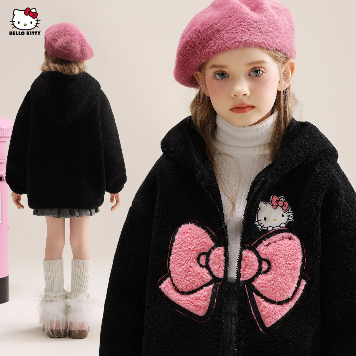 Sanrio Hello Kitty Girls' Thickened Fleece Jacket with Butterfly Design, Autumn and Winter Warm Loose Style - Versatile and Vers