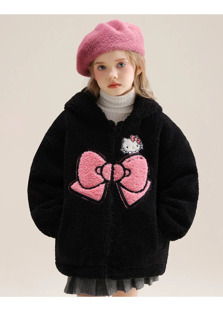 Sanrio Hello Kitty Girls' Thickened Fleece Jacket with Butterfly Design, Autumn and Winter Warm Loose Style - Versatile and Vers
