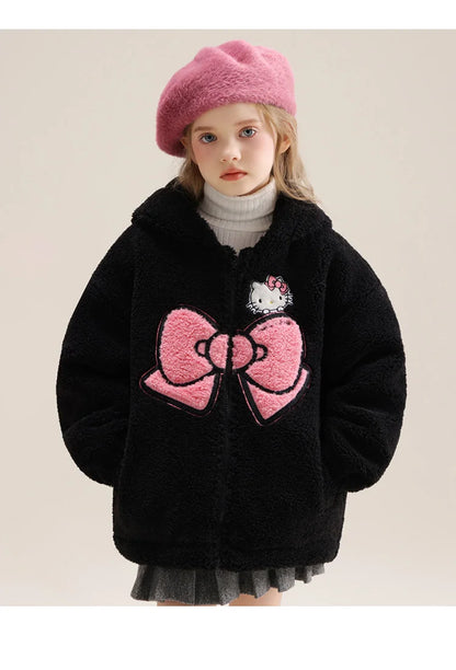 Sanrio Hello Kitty Girls' Thickened Fleece Jacket with Butterfly Design, Autumn and Winter Warm Loose Style - Versatile and Vers