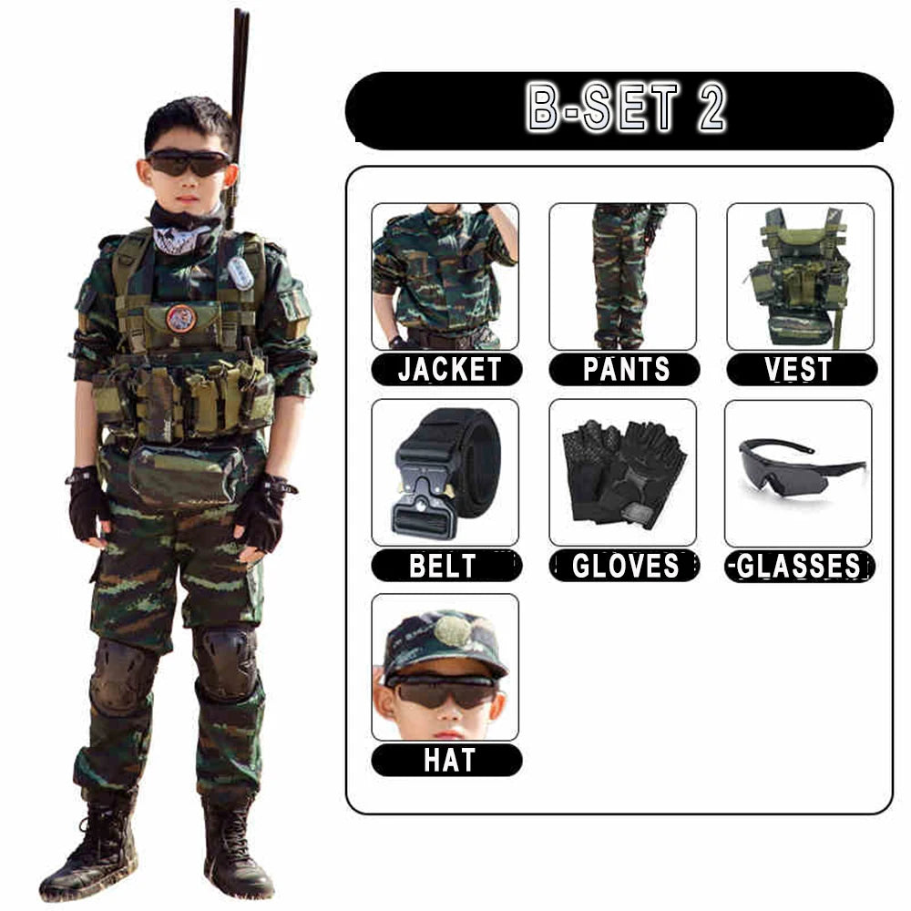 Children's Tactical Military Camouflage Suits Boys' Girls' Special Forces Short-Sleeved Clothing Outdoor Summer Camp Equipment