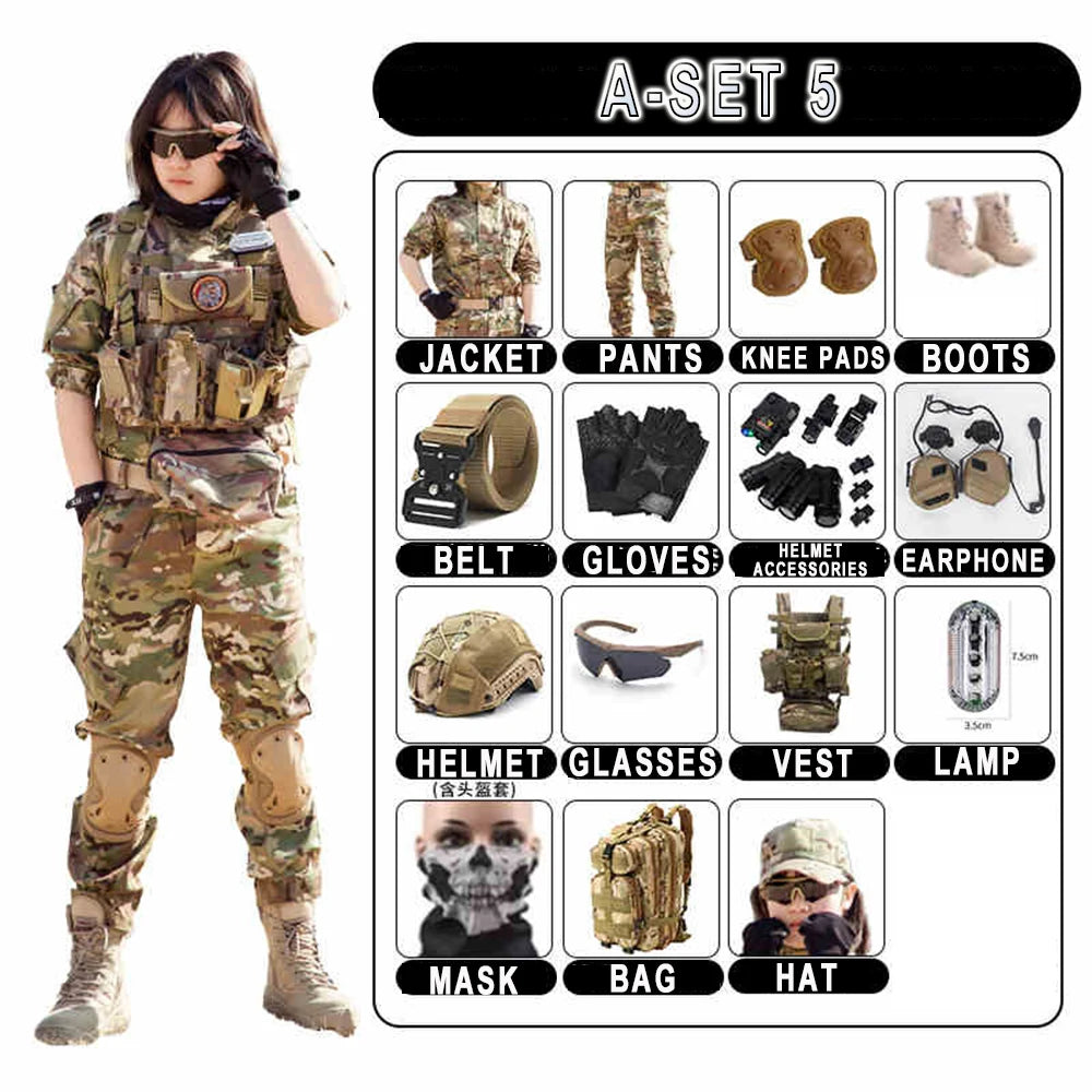 Children's Tactical Military Camouflage Suits Boys' Girls' Special Forces Short-Sleeved Clothing Outdoor Summer Camp Equipment