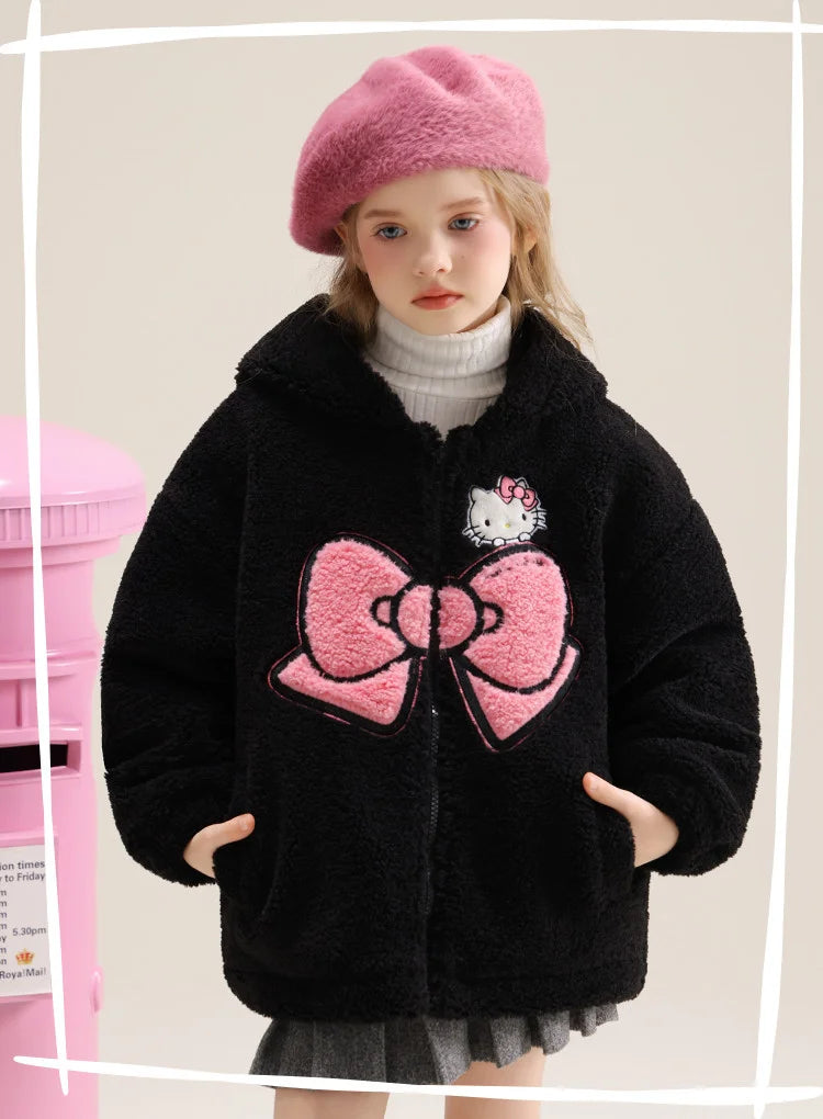 Sanrio Hello Kitty Girls' Thickened Fleece Jacket with Butterfly Design, Autumn and Winter Warm Loose Style - Versatile and Vers