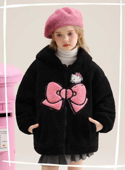 Sanrio Hello Kitty Girls' Thickened Fleece Jacket with Butterfly Design, Autumn and Winter Warm Loose Style - Versatile and Vers