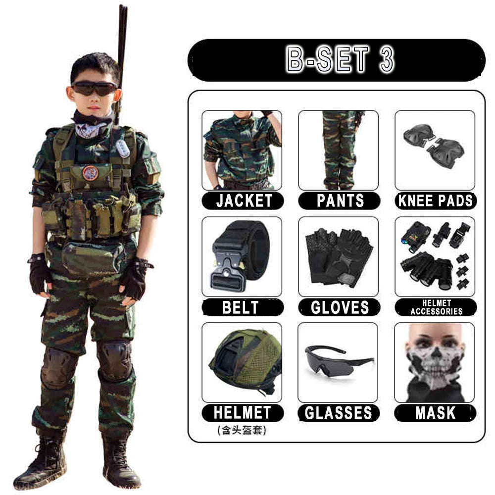 Children's Tactical Military Camouflage Suits Boys' Girls' Special Forces Short-Sleeved Clothing Outdoor Summer Camp Equipment