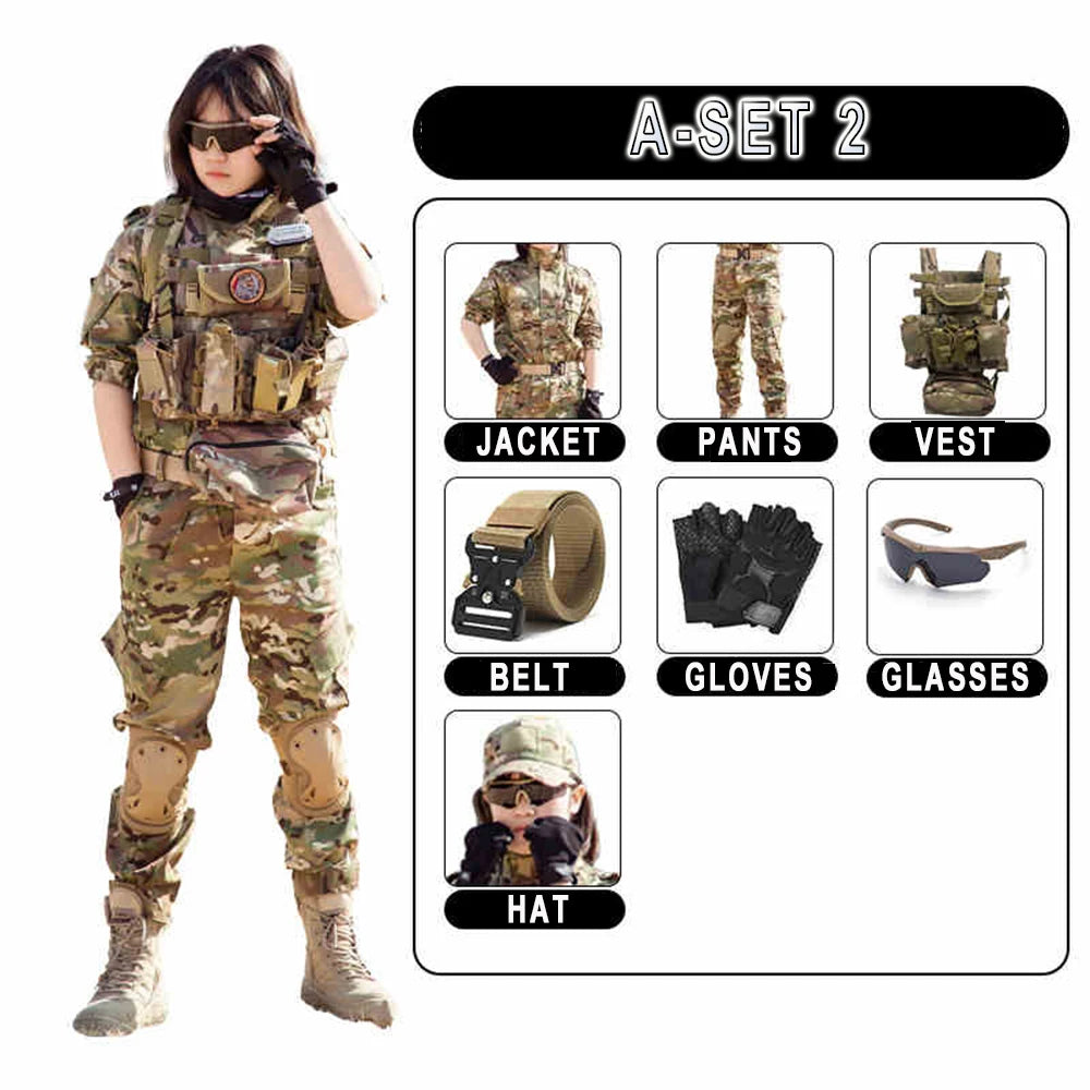 Children's Tactical Military Camouflage Suits Boys' Girls' Special Forces Short-Sleeved Clothing Outdoor Summer Camp Equipment